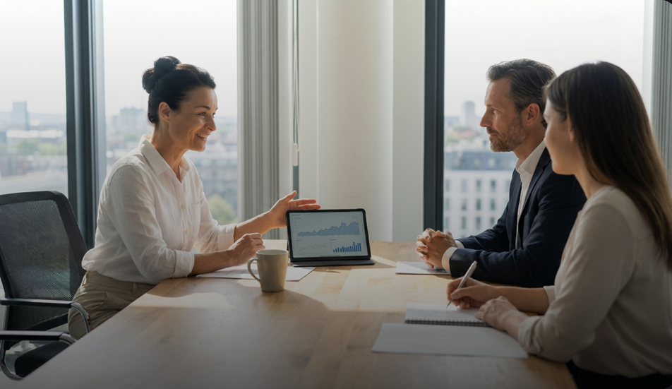 Die Immobilienmaklerin sitzt mit zwei Kunden an einem modernen Besprechungstisch und präsentiert auf einem Tablet eine Marktanalyse mit Diagrammen und Preisentwicklungen. Die Atmosphäre ist professionell und zugleich persönlich. Große Fenster mit Stadtblick sorgen für Offenheit und Weitblick.Die Szene steht für datenbasierte Bewertung, transparente Kommunikation und fundierte Entscheidungsgrundlagen. Wekeys verbindet Marktkenntnis mit klarer Strategie – damit Eigentümer und Käufer sicher und gut informiert handeln können. - ✅ WEKEYS IMMOBILIEN – Menschlich. Engagiert. Erfolgreich.
