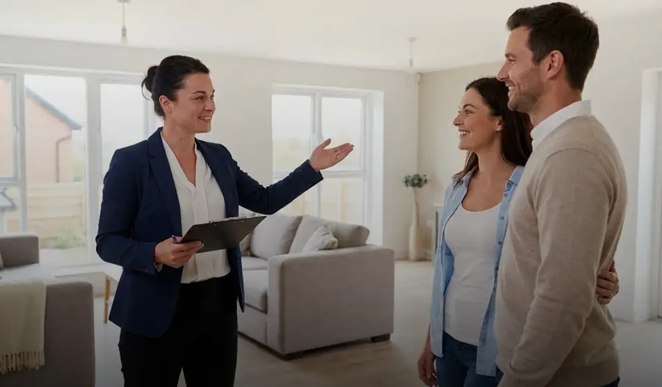 Die Immobilienmaklerin begrüßt ein Paar in einer hellen, modernen Wohnung. Mit einer offenen Geste stellt sie die Räume vor, während sie ein Klemmbrett mit Unterlagen in der Hand hält. Die Atmosphäre ist freundlich, entspannt und professionell.

Das Bild steht für transparente Beratung, persönliche Nähe und kompetente Begleitung. Wekeys sorgt dafür, dass Interessenten sich gut aufgehoben fühlen – vom ersten Eindruck bis zur finalen Entscheidung. - ✅ WEKEYS IMMOBILIEN – Menschlich. Engagiert. Erfolgreich.