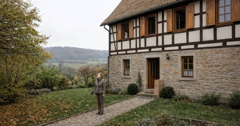 Vor einem charmanten Fachwerkhaus mit Natursteinfassade steht eine Eigentümerin nachdenklich im Garten. Die ländliche Umgebung und die herbstliche Stimmung verleihen der Szene Ruhe und Tiefe. Umzugskartons vor der Haustür deuten auf einen bevorstehenden Abschied hin.Das Bild steht für emotionale Immobilienentscheidungen – für Erinnerungen, Geschichte und persönliche Werte. Wekeys begleitet Eigentümer in solchen Momenten mit Feingefühl, Diskretion und einer klaren Strategie, um Tradition und Zukunft verantwortungsvoll zu verbinden. - ✅ WEKEYS IMMOBILIEN – Menschlich. Engagiert. Erfolgreich.