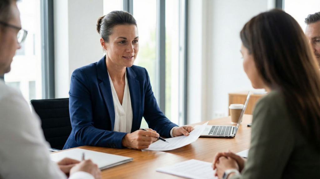 Eine Immobilienberaterin sitzt an einem Tisch und erläutert einem Paar ein Dokument. Vor ihr liegen Unterlagen und ein Laptop, während sie mit einem Stift auf wichtige Punkte hinweist. Die Gesprächsatmosphäre wirkt konzentriert, professionell und wertschätzend – ein Zeichen für individuelle Beratung und strukturierte Entscheidungsfindung. - ✅ WEKEYS IMMOBILIEN – Menschlich. Engagiert. Erfolgreich.