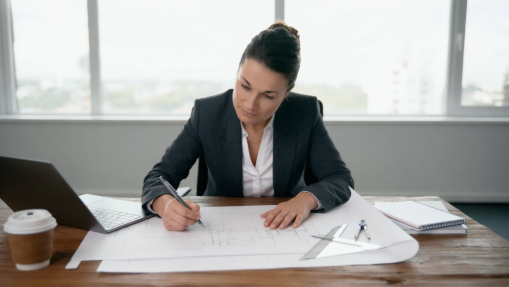 Die Immobilienmaklerin sitzt an einem Schreibtisch und arbeitet konzentriert an Grundrissen und Unterlagen. Mit präzisem Blick und Stift in der Hand analysiert sie Details, während Laptop und Notizen griffbereit liegen.Die Szene steht für sorgfältige Vorbereitung, Marktkenntnis und strategische Planung. Jede Immobilie wird individuell betrachtet und professionell aufbereitet – die Grundlage für eine erfolgreiche und diskrete Vermarktung durch Wekeys. - ✅ WEKEYS IMMOBILIEN – Menschlich. Engagiert. Erfolgreich.