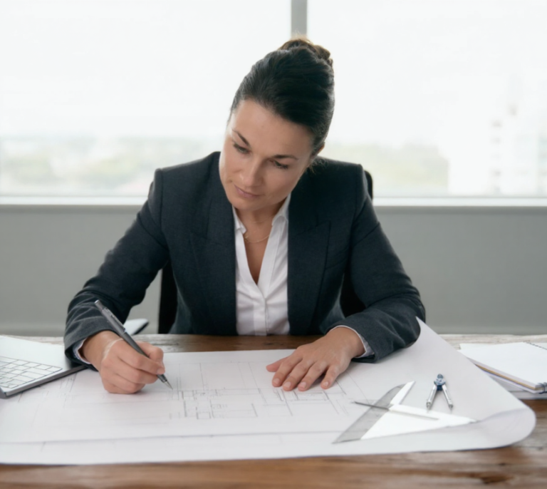 Die Immobilienmaklerin sitzt an einem Schreibtisch und arbeitet konzentriert an Grundrissen und Unterlagen. Mit präzisem Blick und Stift in der Hand analysiert sie Details, während Laptop und Notizen griffbereit liegen.Die Szene steht für sorgfältige Vorbereitung, Marktkenntnis und strategische Planung. Jede Immobilie wird individuell betrachtet und professionell aufbereitet – die Grundlage für eine erfolgreiche und diskrete Vermarktung durch Wekeys. - ✅ WEKEYS IMMOBILIEN – Menschlich. Engagiert. Erfolgreich.