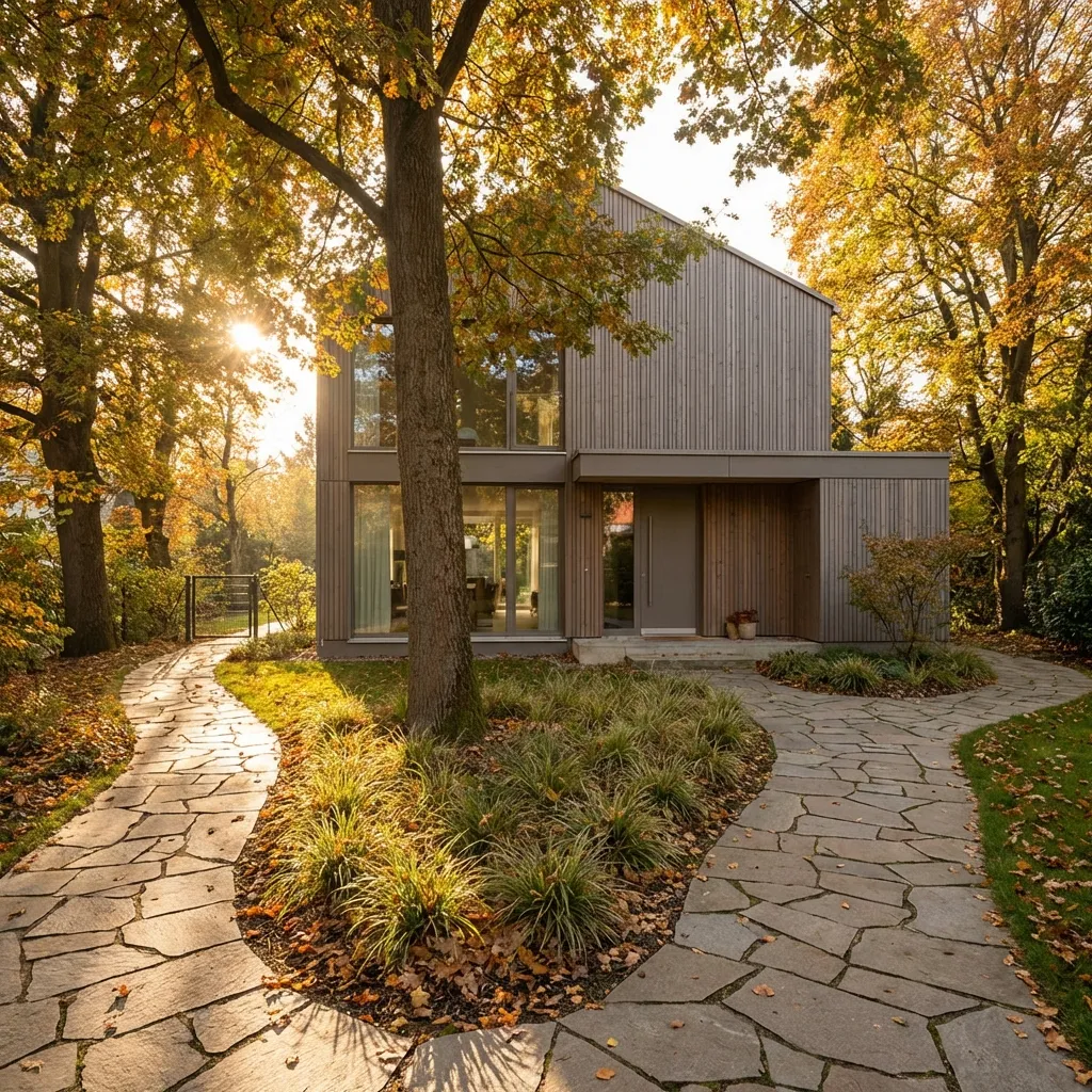 Ein modernes Einfamilienhaus liegt ruhig eingebettet in eine herbstliche Gartenlandschaft. Warme Sonnenstrahlen fallen durch die Bäume und tauchen die Immobilie in ein sanftes Licht. Die gepflegten Wege und die klare Architektur vermitteln Stabilität, Ordnung und neue Perspektiven. - ✅ WEKEYS IMMOBILIEN – Menschlich. Engagiert. Erfolgreich.
