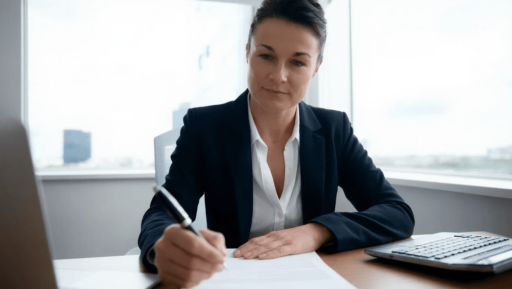 Eine Geschäftsfrau im dunklen Business-Blazer sitzt an einem modernen Schreibtisch in einem hellen Büro. Konzentriert unterzeichnet sie ein Dokument. Neben ihr liegen Laptop und Tastatur. Ihr fokussierter Blick und die klare Umgebung vermitteln Professionalität, Präzision und Vertrauenswürdigkeit.
 - ✅ WEKEYS IMMOBILIEN – Menschlich. Engagiert. Erfolgreich.