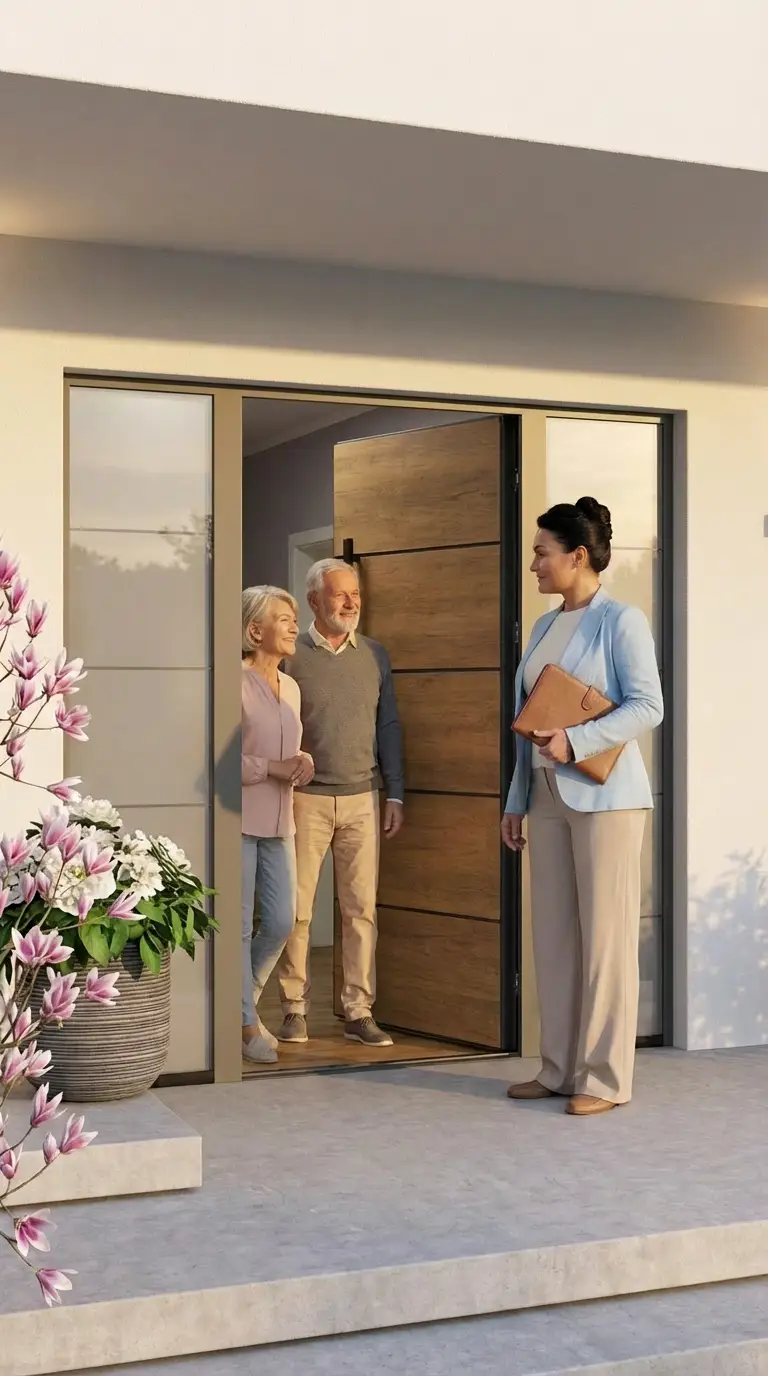 Eine Immobilienmaklerin begrüßt ein älteres Ehepaar an der Haustür eines modernen Einfamilienhauses. Die Maklerin hält eine Mappe in der Hand, während das Paar freundlich im Türrahmen steht. Die Szene vermittelt Vertrauen, Beratung und persönliche Betreuung bei Immobilienangelegenheiten. - ✅ WEKEYS IMMOBILIEN – Menschlich. Engagiert. Erfolgreich.